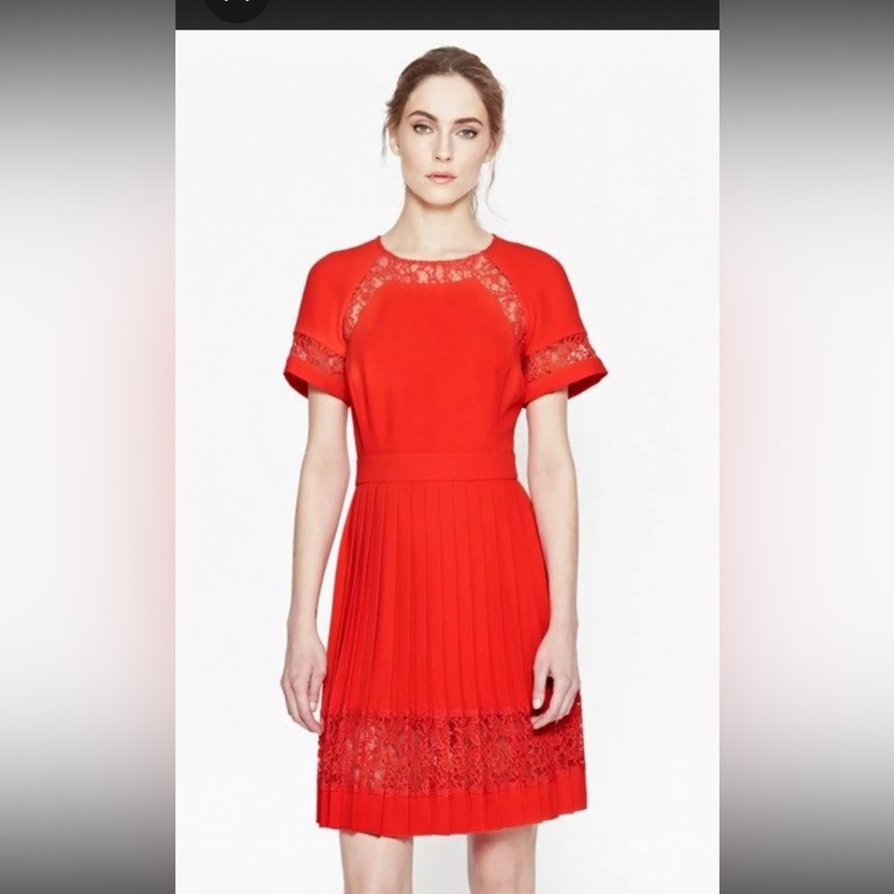 French Connection Red Arrow dress lace inserts pleated skirt US  2 xs business
